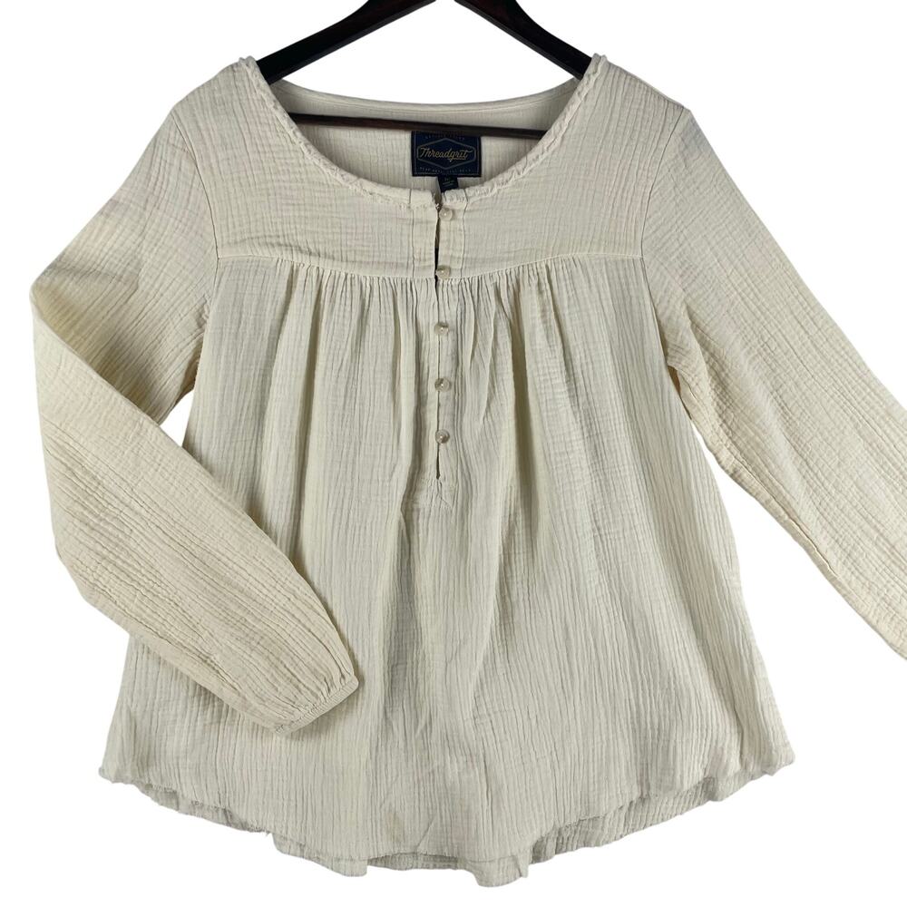 Threadgrit Womens Cotton Gauze Peasant Top M Cream Long Sleeve Henley Boho NWT